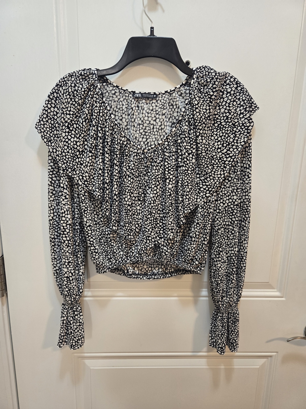 Zara Black and White Dotted Ruffle V-Neck Blouse